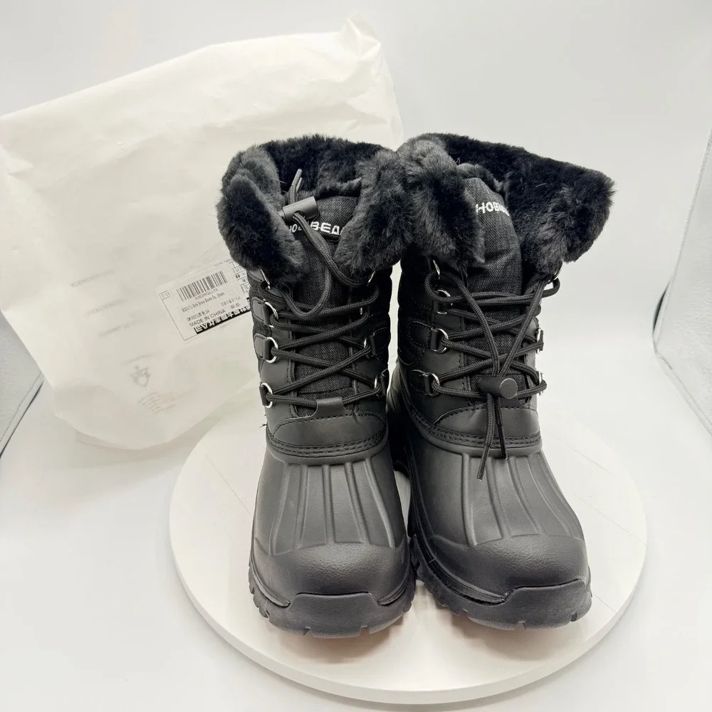 HOBIBEAR Boys US 2.5 Youth Snow Boots Black Faux Fur Fleece‎ Winter Girls NEW